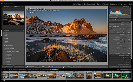 Interface du logiciel de référence Adobe Lightroom